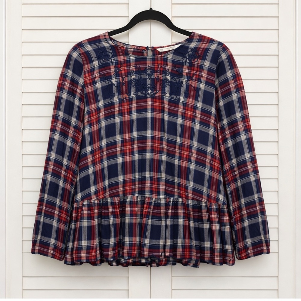 ZARA • Plaid Embroidered Peplum Top • Size S